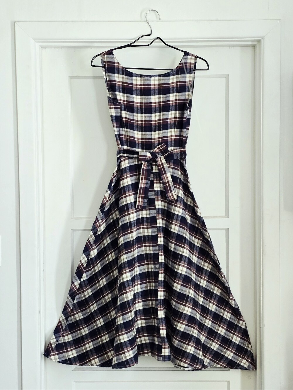 Blue Brown White Plaid Cotton Blend Sleevless Fit & Flare Midi Dress - Size S